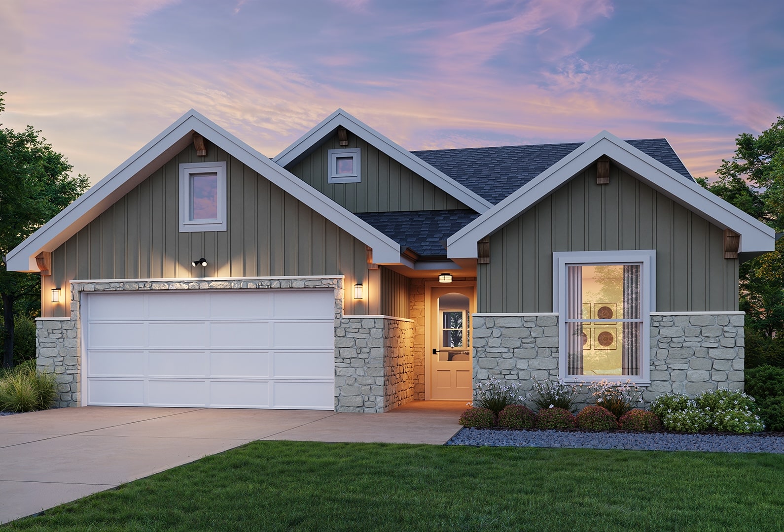 Single-story suburban house with gabled roof, two-car garage, stone lower facade, green vertical siding, lit front porch, and landscaped lawn at sunset.