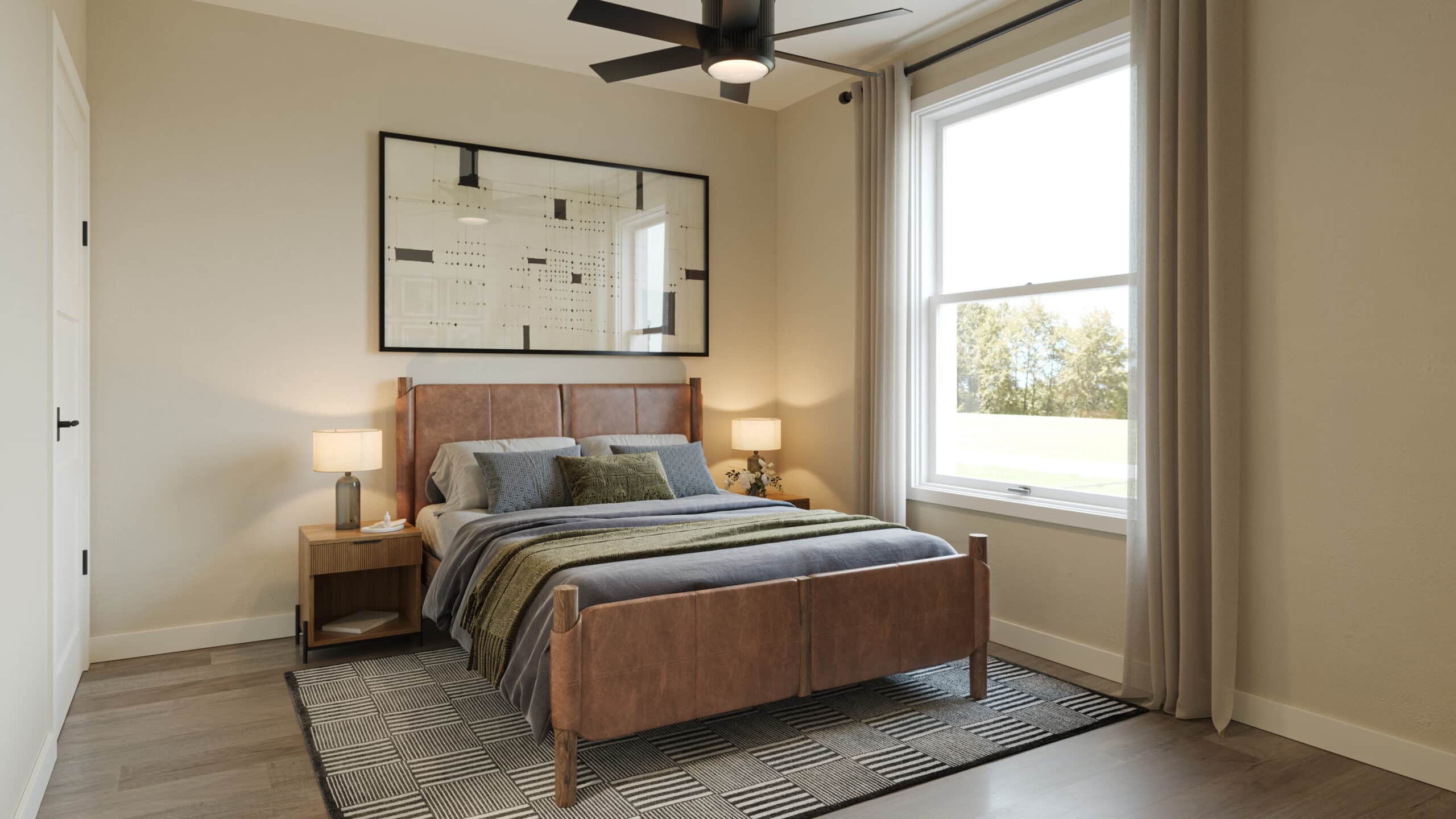 Bedroom with a leather-upholstered bed, gray and green bedding, wooden nightstands with lamps, large window, ceiling fan, and abstract wall art