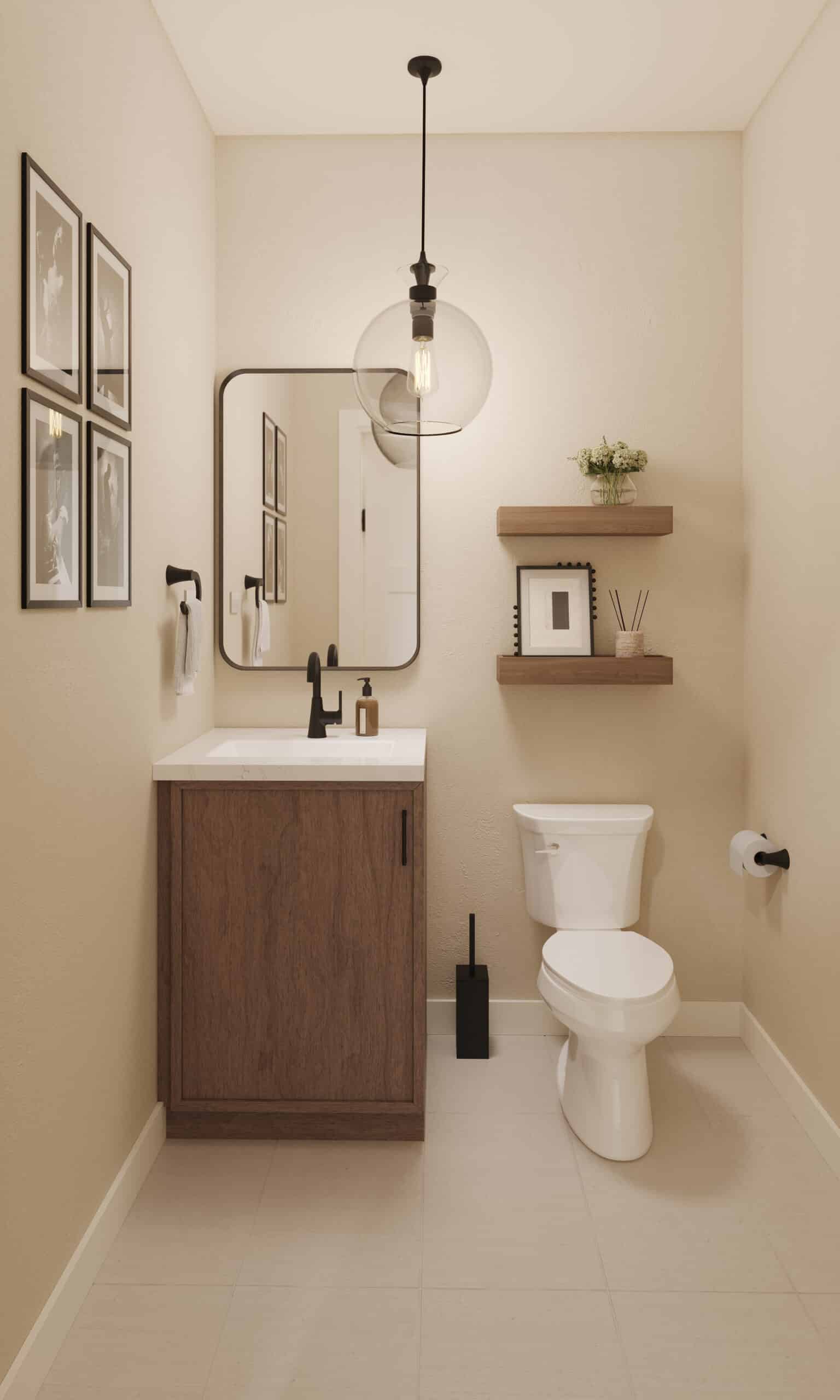 Small modern powder room with wood vanity and black faucet, white toilet, round glass pendant light, rectangular mirror, framed wall art, and two floating shelves.