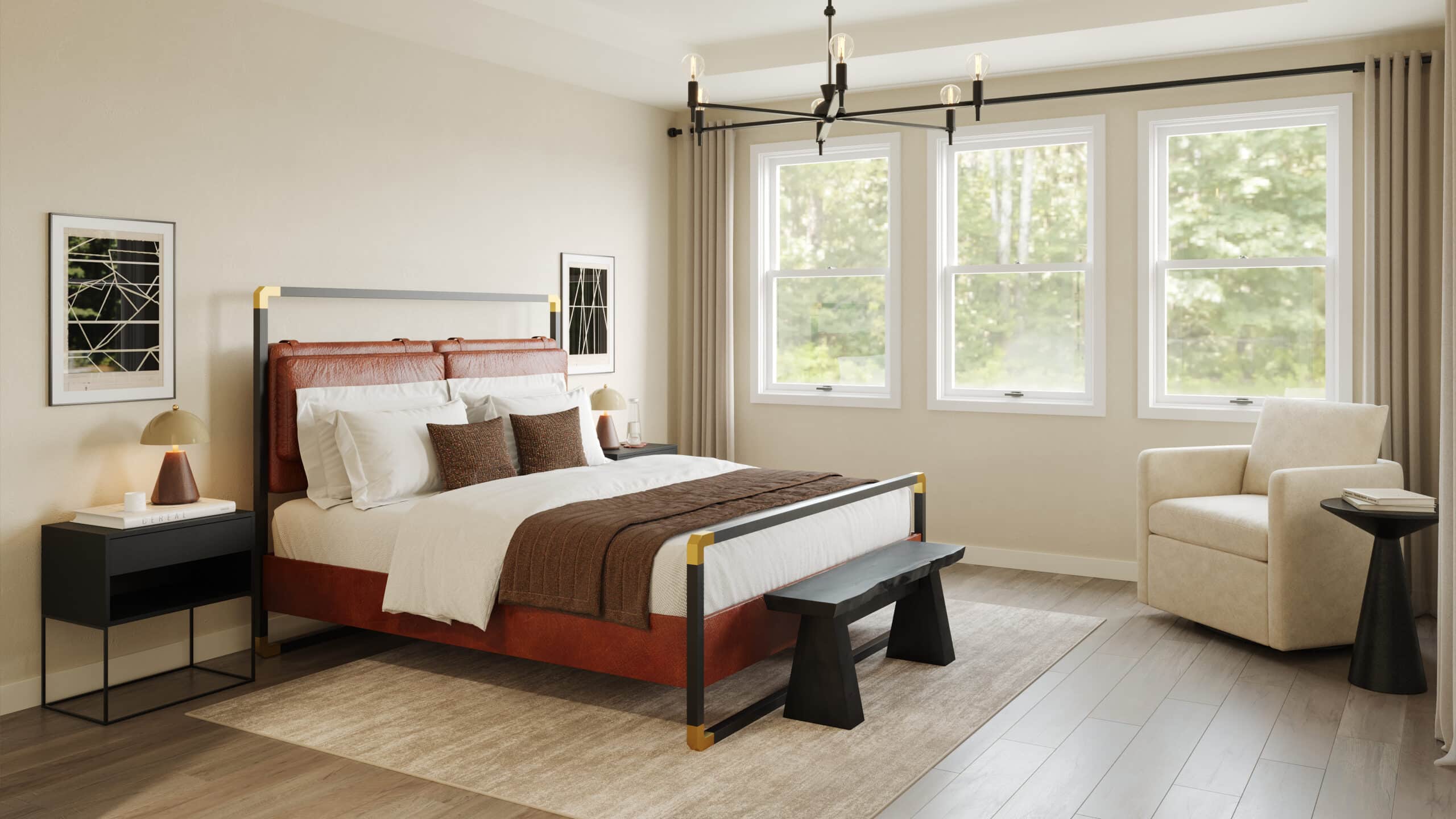 Modern bedroom with a rust-upholstered bed, white linens and brown throw, black bench, side tables, armchair, and three large windows