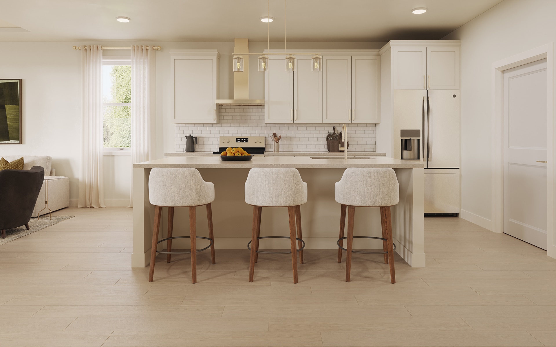 Bright modern kitchen with a central island, three upholstered bar stools, white cabinetry, subway tile backsplash, and stainless-steel refrigerator