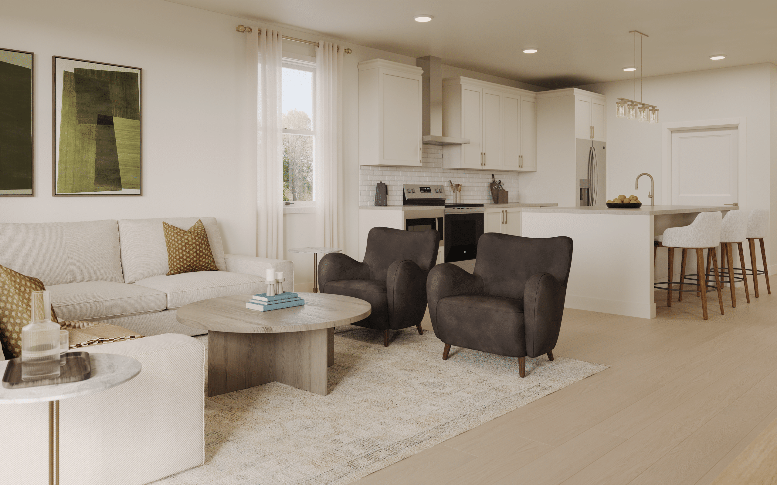 Open-plan living room and white kitchen with a sofa, armchairs, coffee table, island, and bar stools