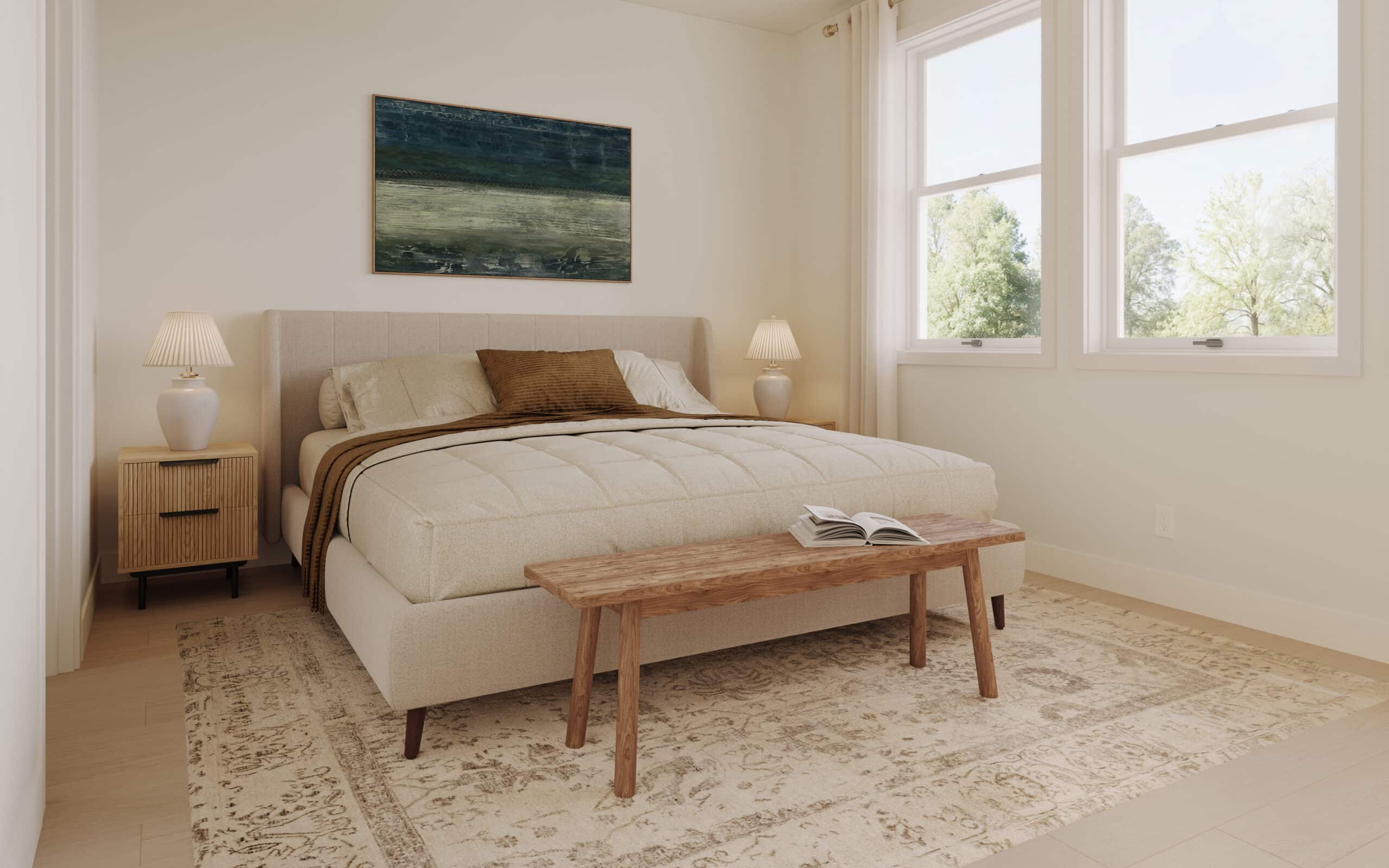 Bright, minimalist bedroom with a neatly made bed, bedside lamps, abstract artwork, and windows overlooking trees