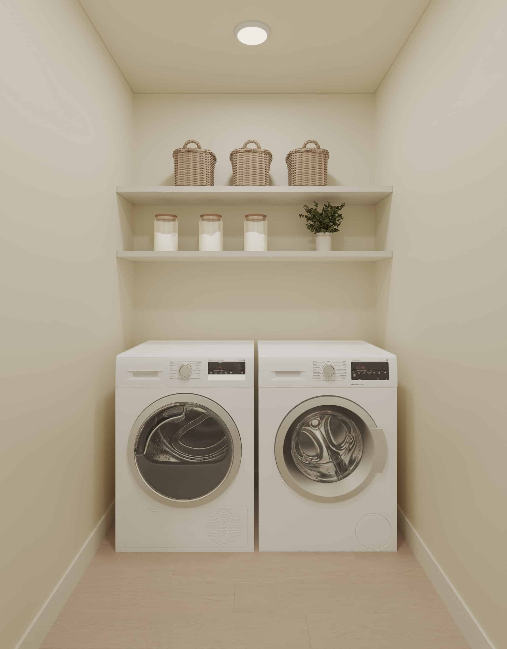 Laundry room with a front-loading washer and dryer beneath shelves holding baskets, jars, and a potted plant