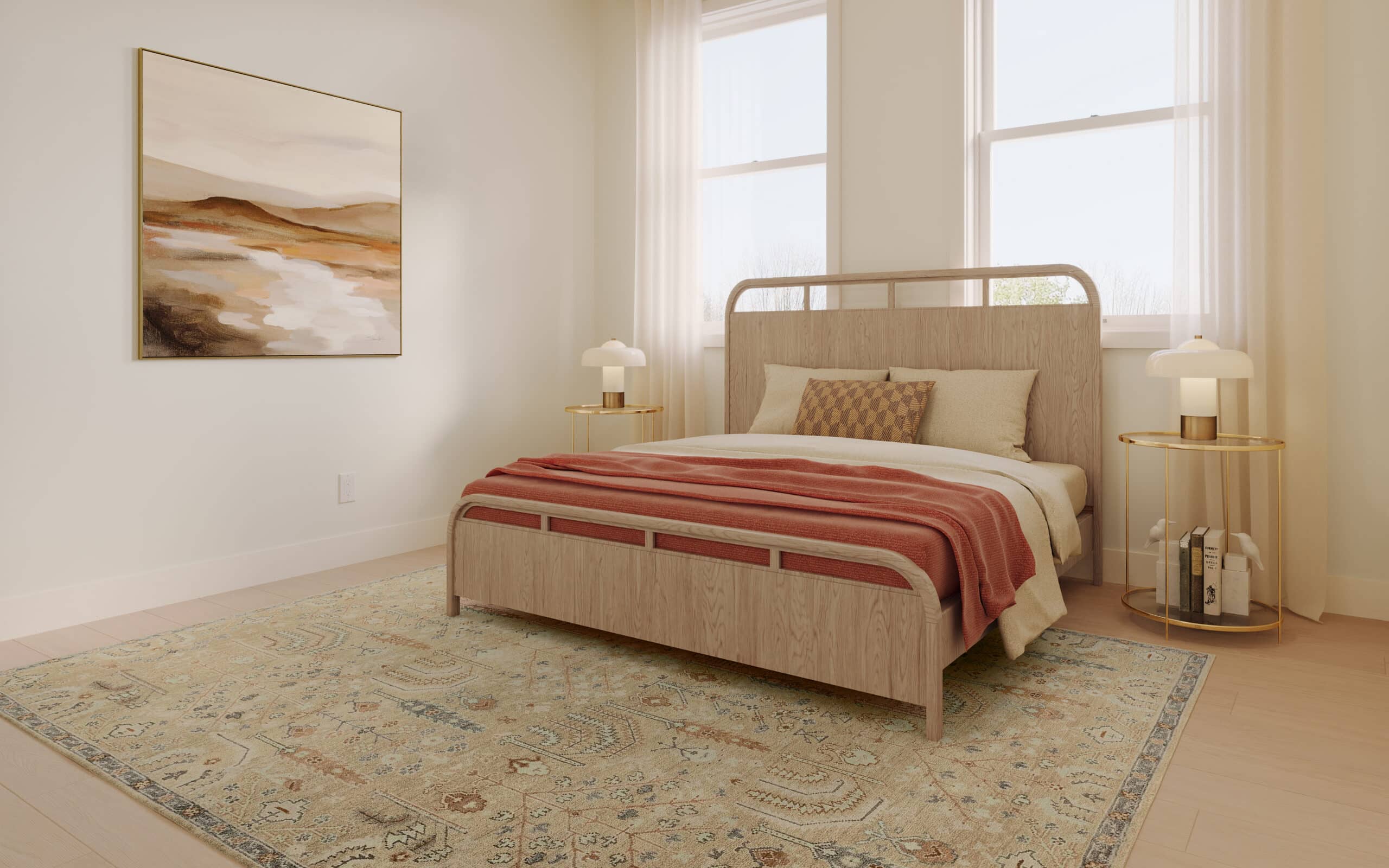 Bright bedroom with a wood-framed bed, coral throw blanket, matching lamps, landscape painting, and large windows