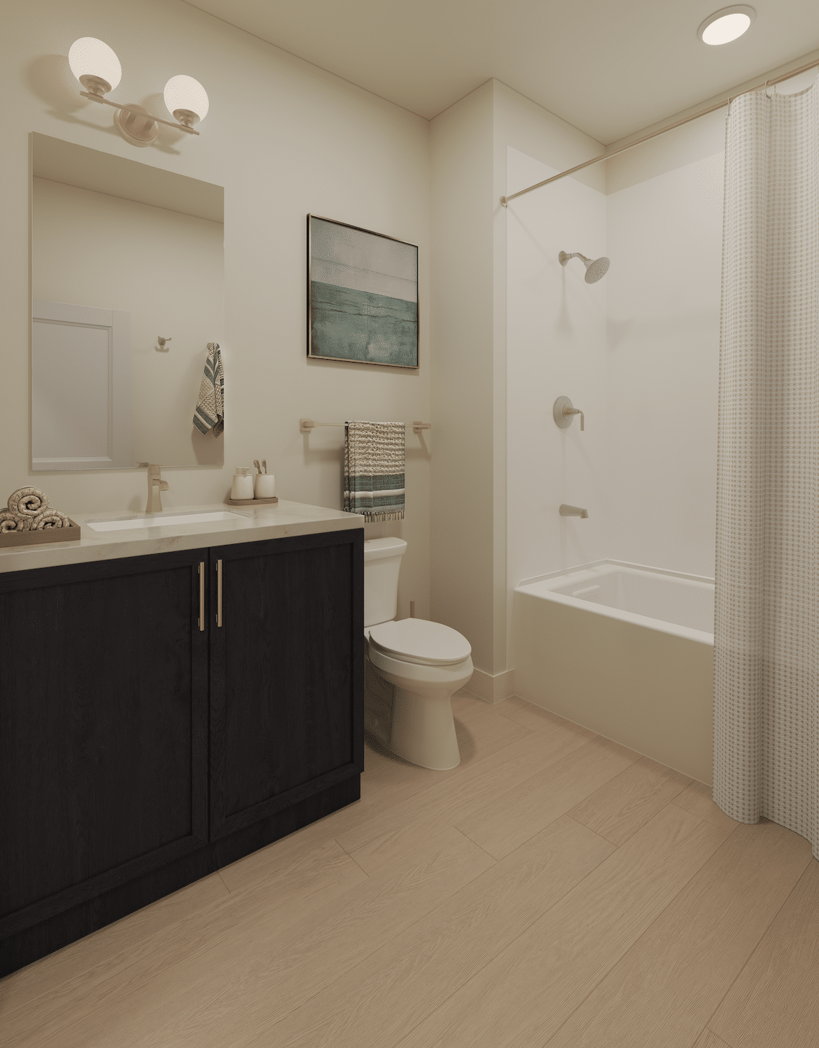 Bathroom with dark vanity, sink, toilet, bathtub, shower, patterned curtain, towels, and framed artwork