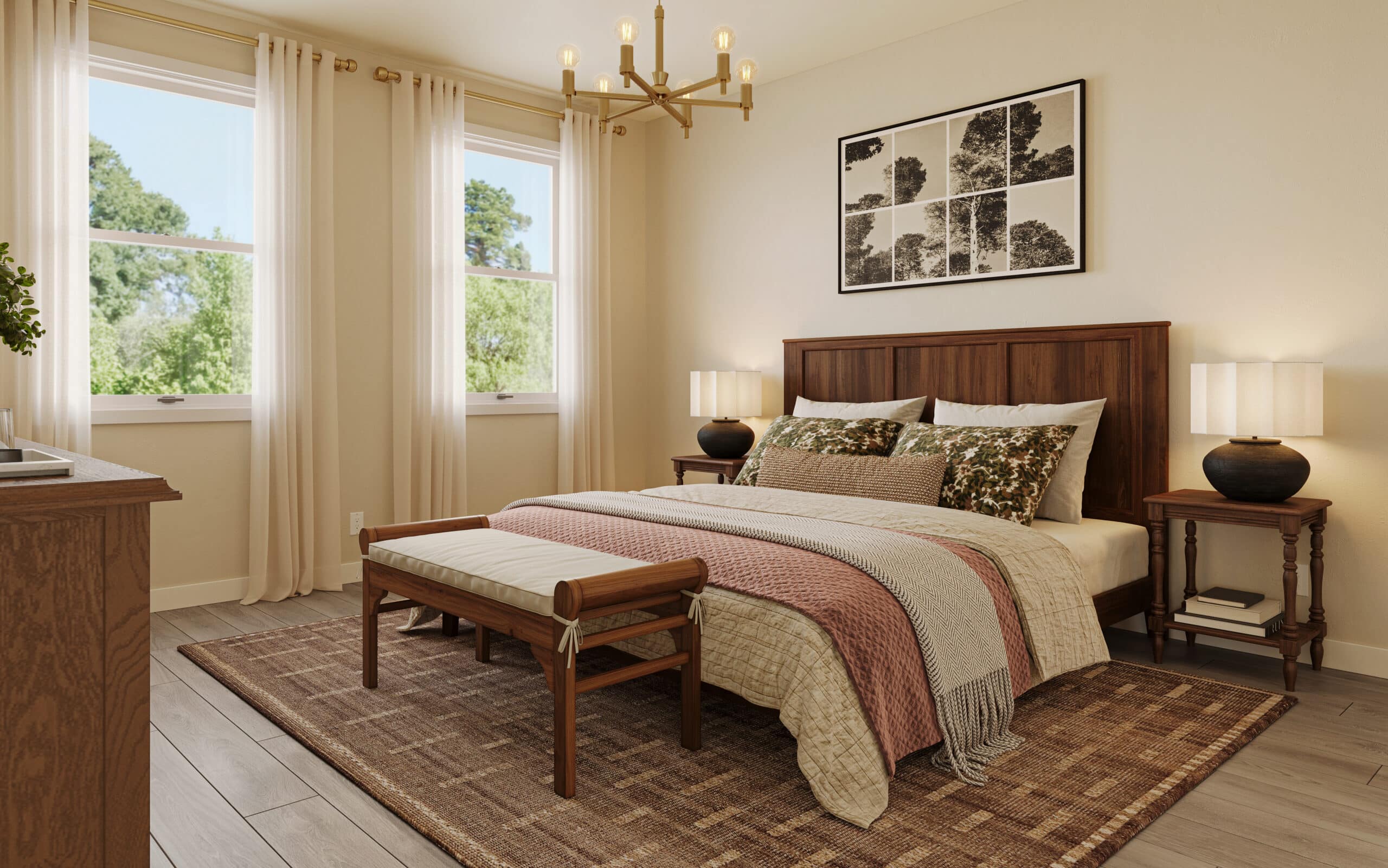 Warmly furnished bedroom with a wooden bed, patterned bedding, bench, bedside lamps, chandelier, and large windows overlooking trees