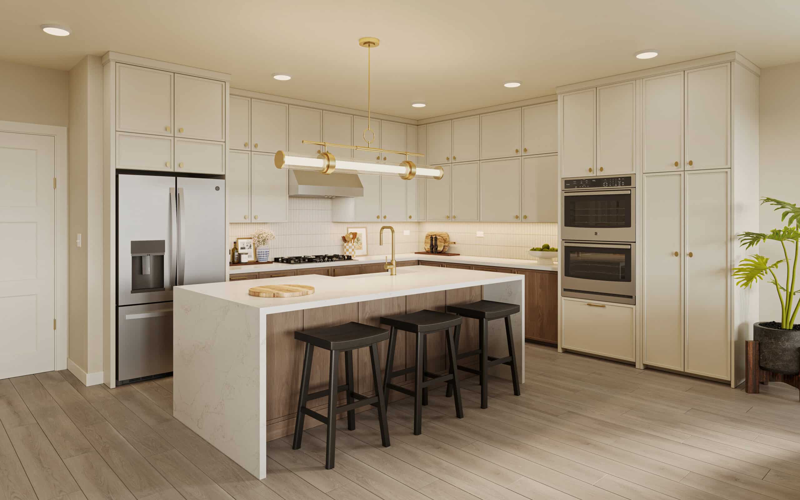 Modern cream-and-wood kitchen with a large island, three stools, stainless-steel refrigerator, double ovens, and pendant lighting