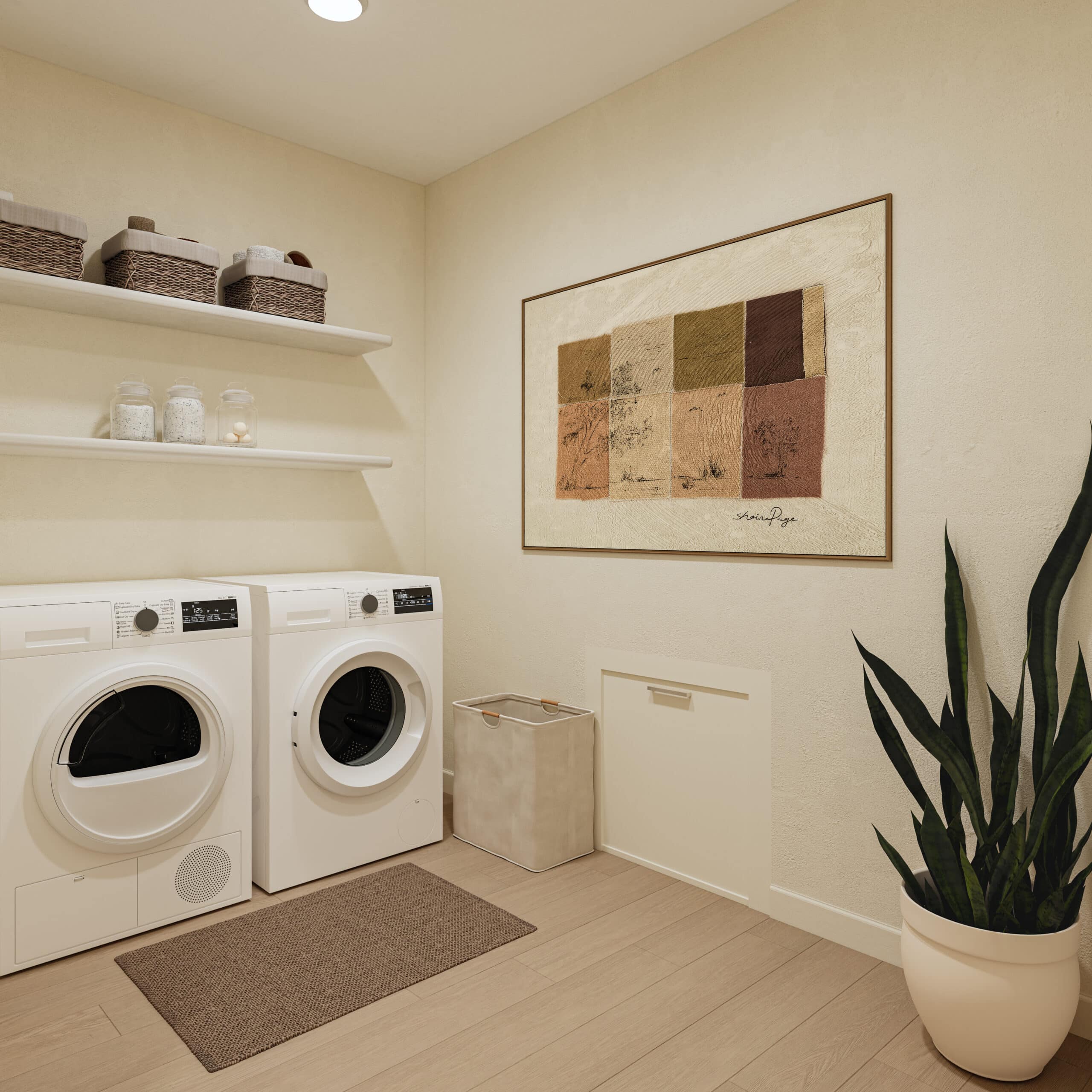 Bright laundry room with stacked washer and dryer, shelves of baskets and jars, a framed abstract artwork, and a tall snake plant