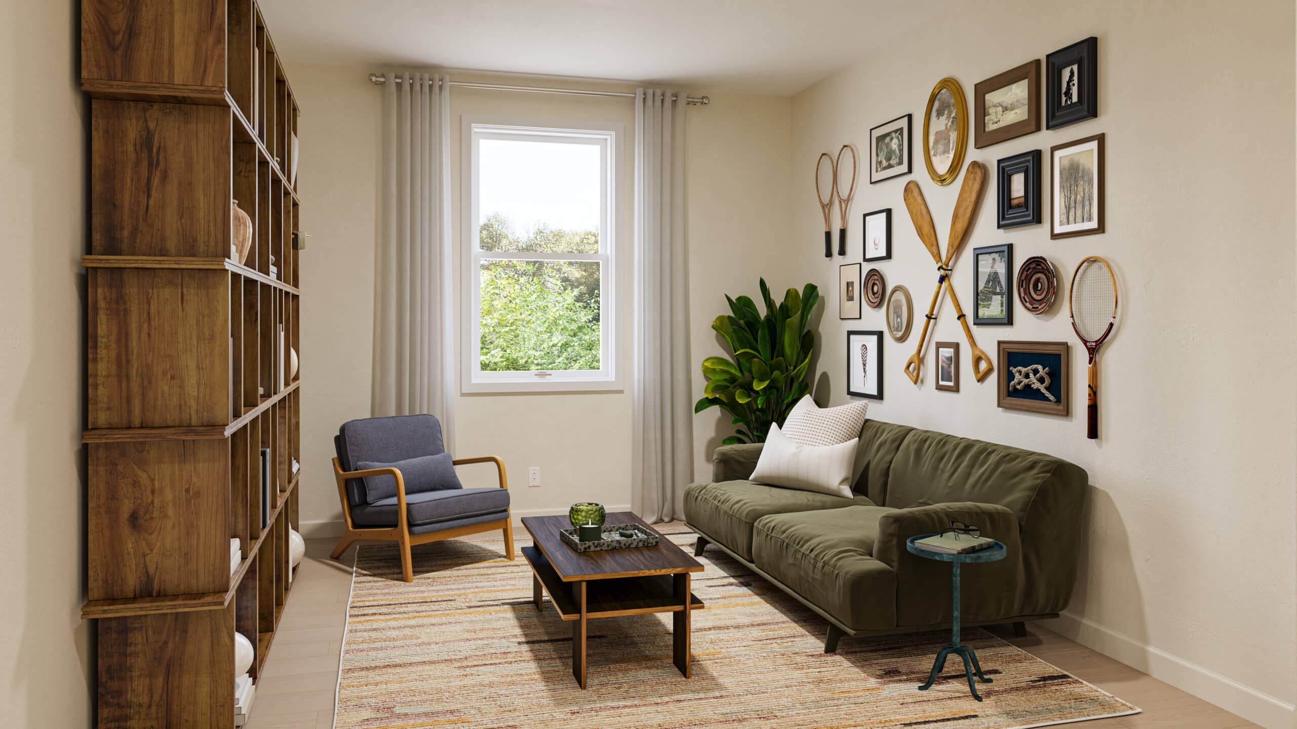 Bright living room with a green sofa, armchair, coffee table, plant, bookshelf, and wall display of sports equipment and artwork