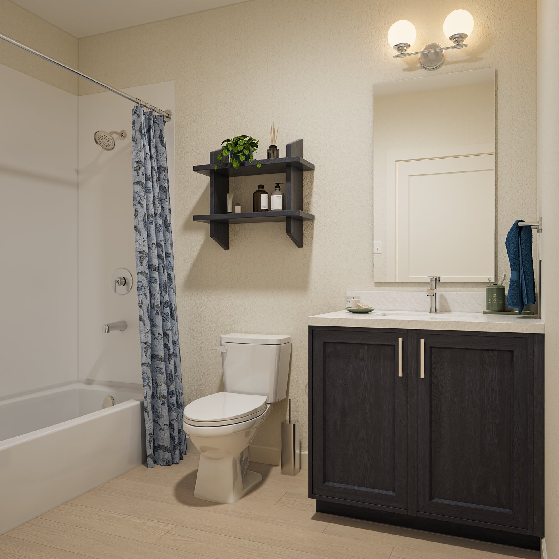 Modern bathroom with a bathtub, patterned shower curtain, toilet, dark vanity, marble countertop, and wall mirror