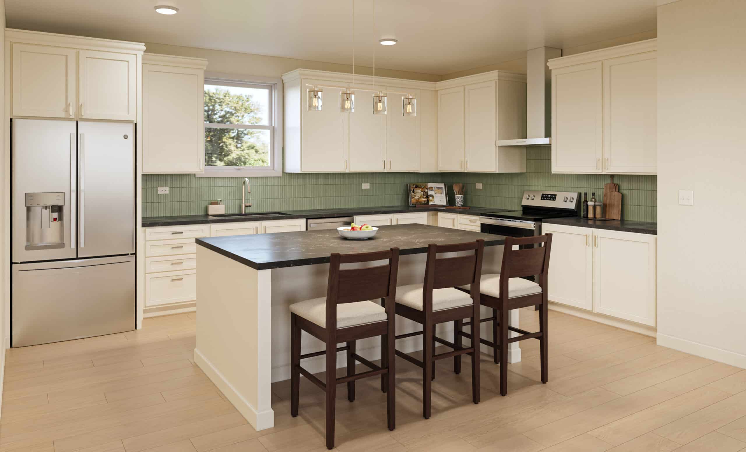 Modern kitchen with white cabinets, green tile backsplash, stainless-steel appliances, and a central island with four chairs
