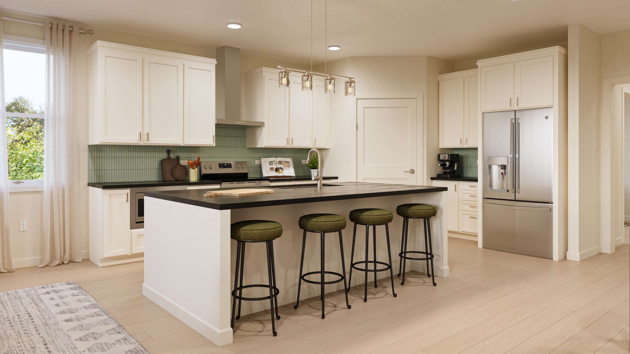 Bright modern kitchen with white cabinetry, green tile backsplash, stainless-steel appliances, and a large island with four stools