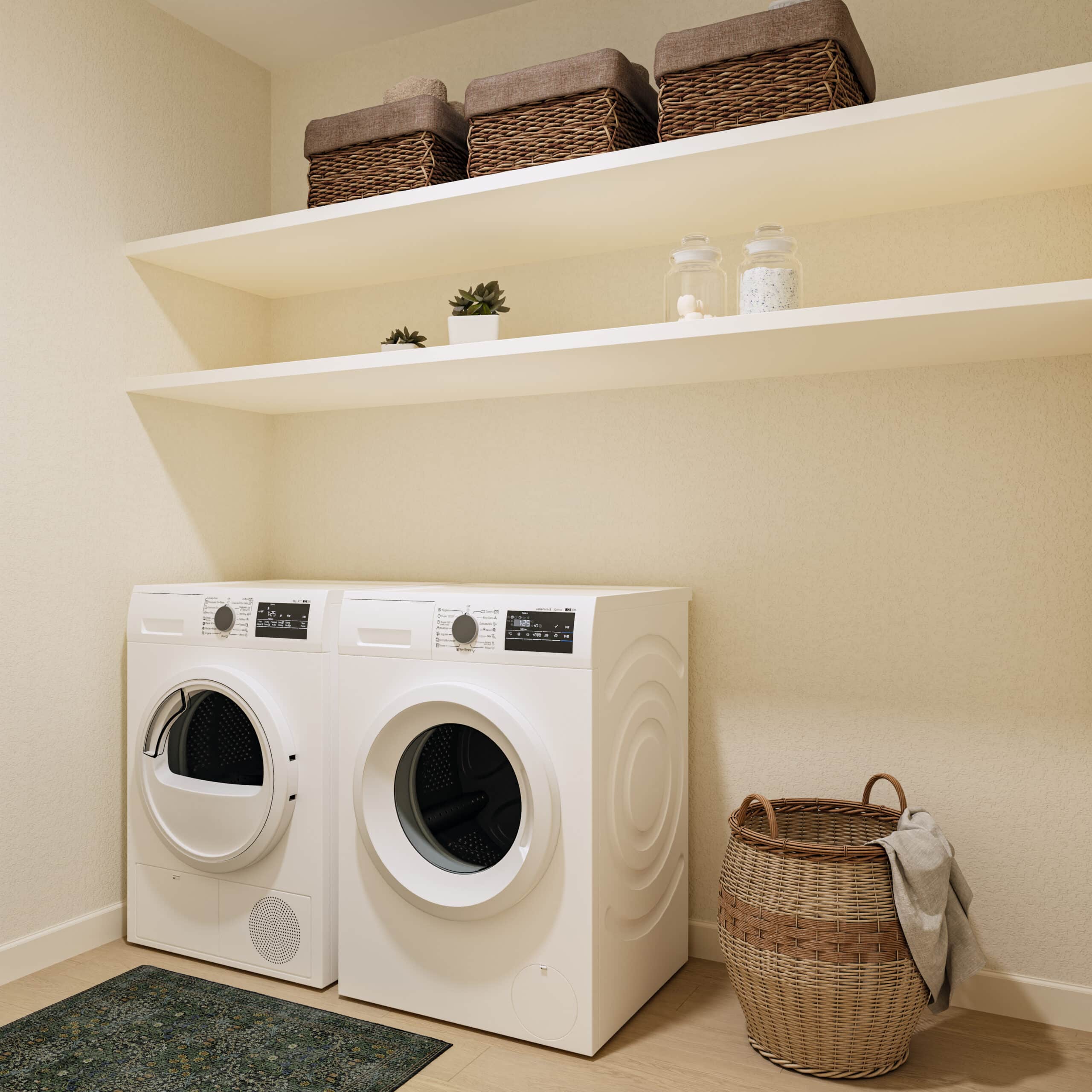 Laundry room with white washer and dryer, wicker laundry basket, and shelves holding baskets, plants, and glass jars