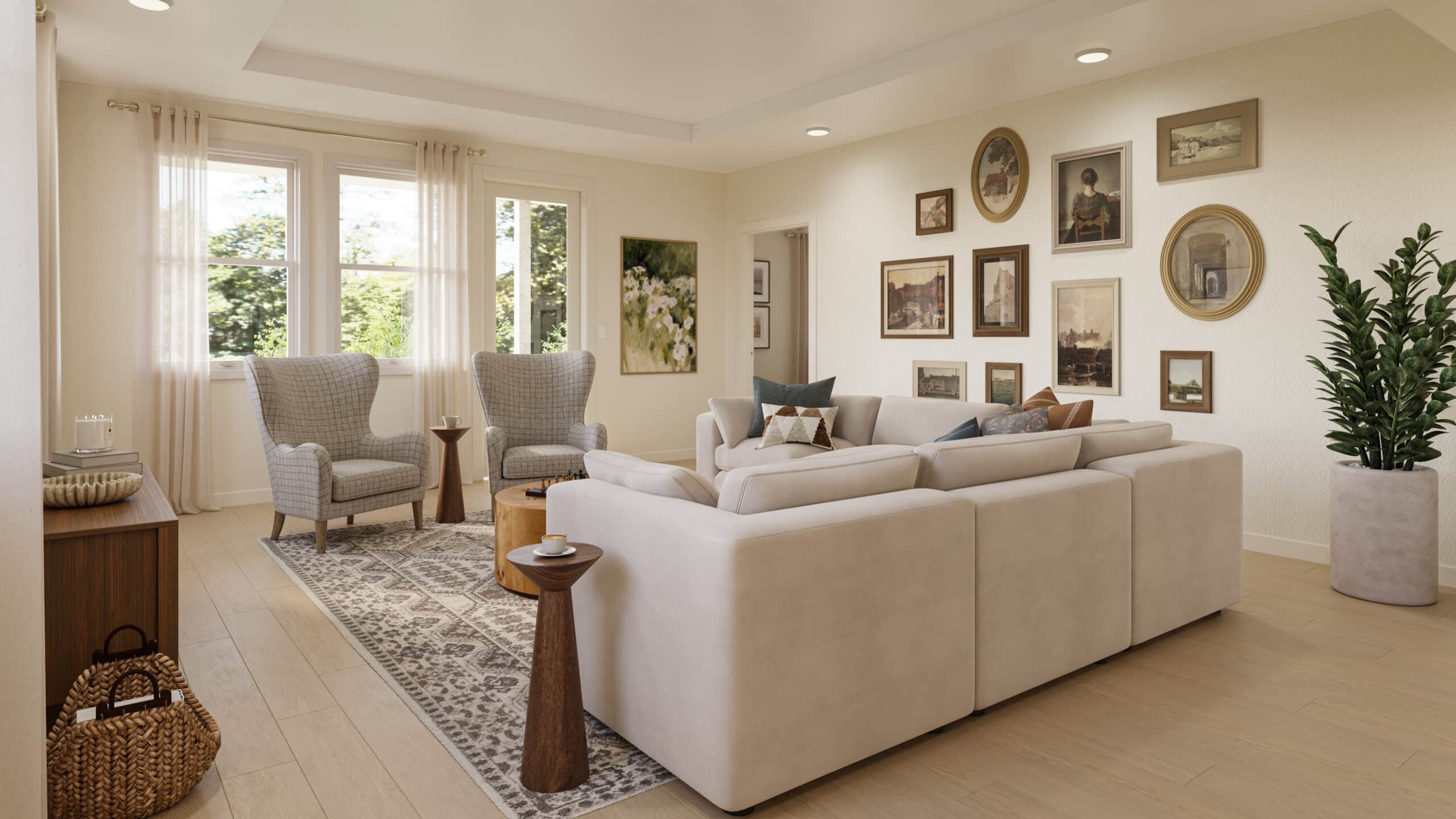 Bright living room with white sofas, two armchairs, framed artwork, large windows, and a potted plant
