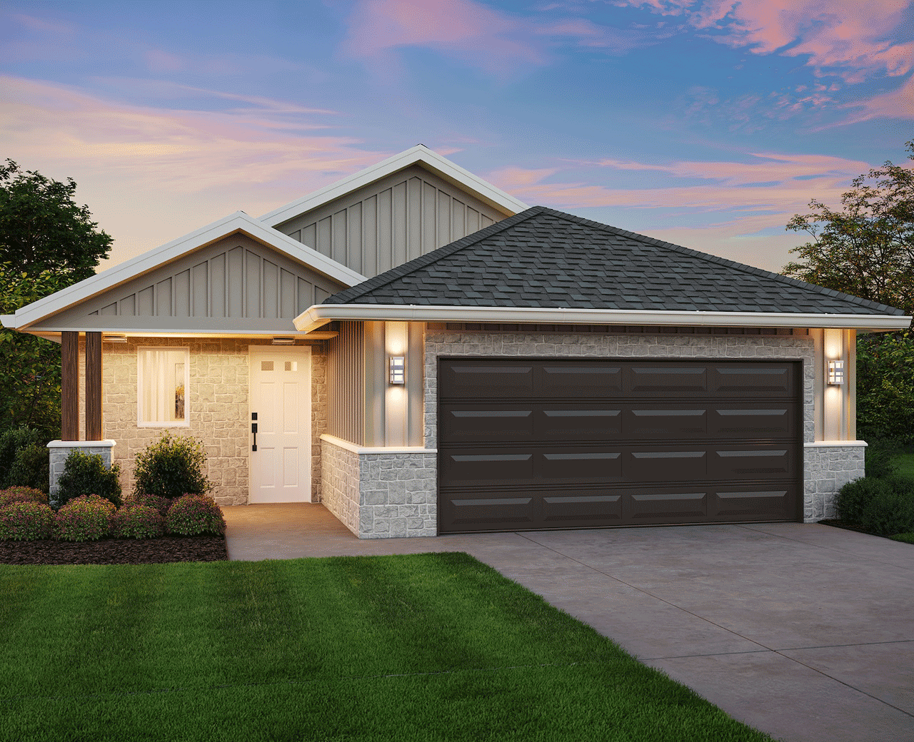 Single-story suburban house with a stone facade, dark double garage door, landscaped shrubs, and a wide driveway at sunset