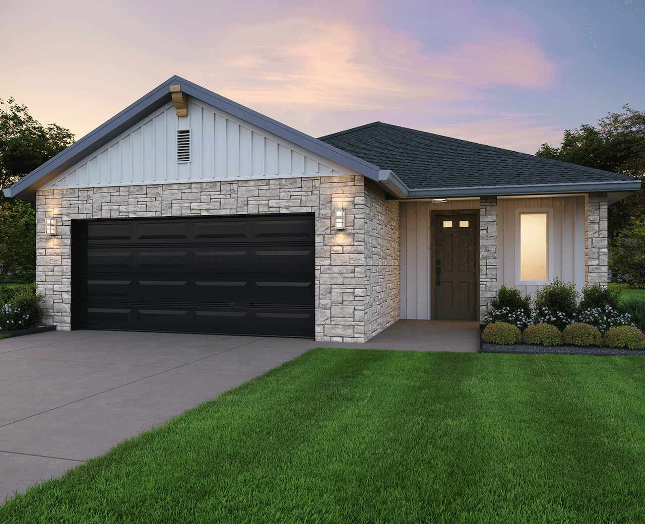 Single-story suburban house with stone facade, black garage door, covered entry, and landscaped front lawn at sunset