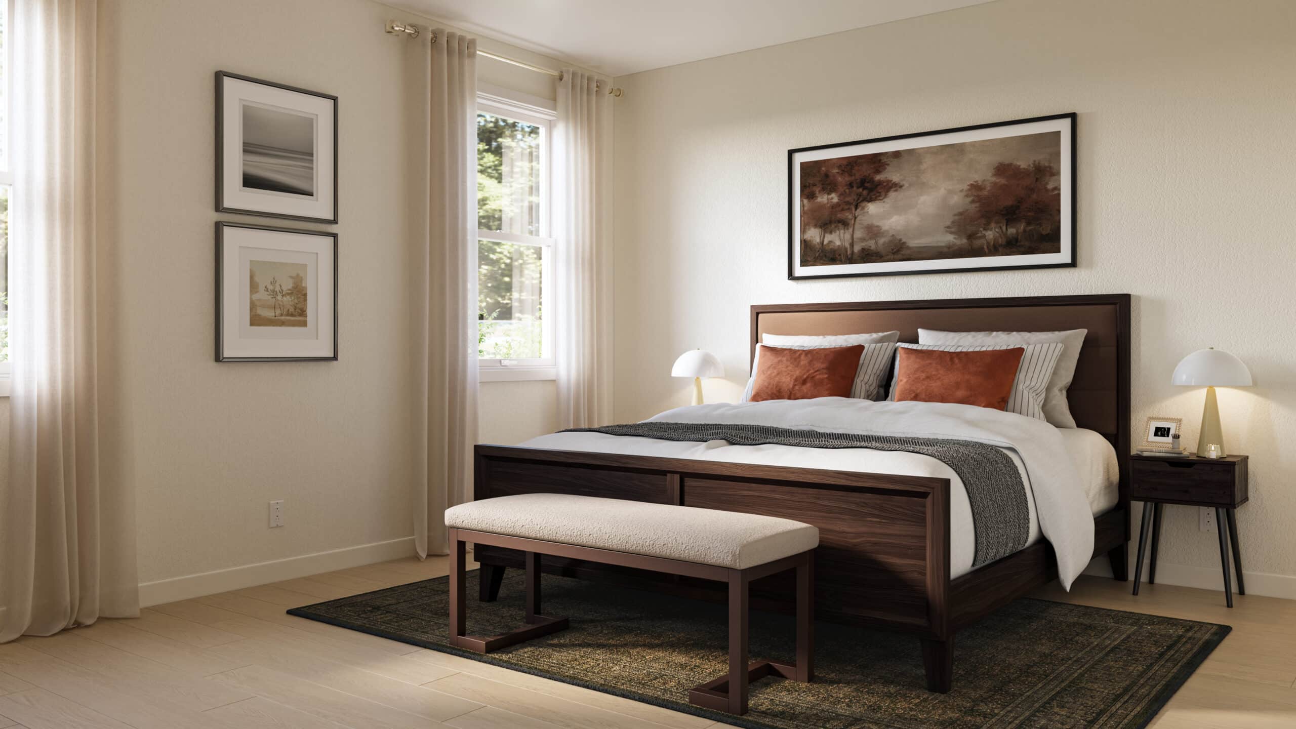 Modern bedroom with a dark wood bed, white and rust-colored bedding, bench, framed artwork, and large curtained windows