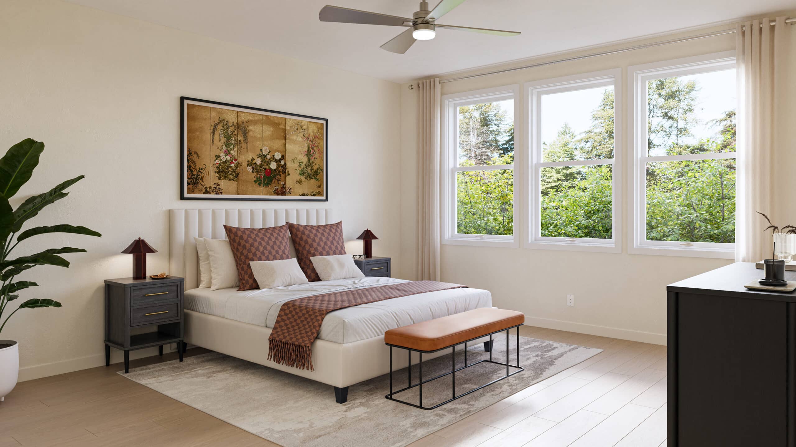Bright, modern bedroom with a neatly made bed, large windows overlooking trees, a ceiling fan, and contemporary furnishings