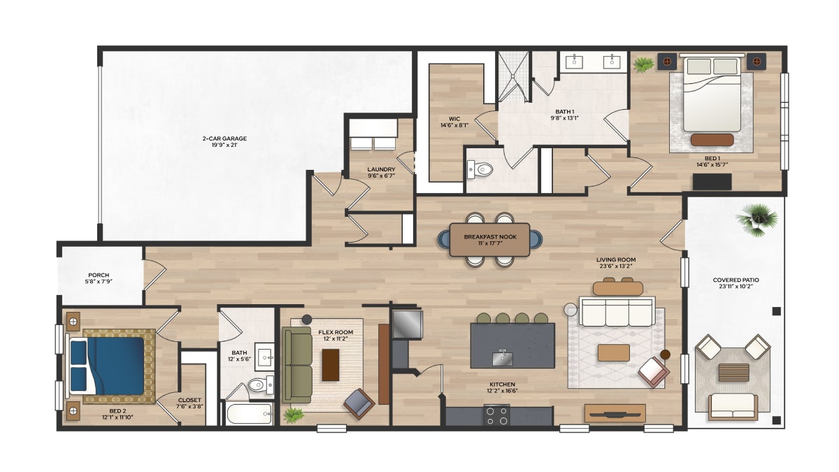 Floor plan showing a two-bedroom home with two bathrooms, flex room, kitchen, living room, breakfast nook, garage, porch, and covered patio