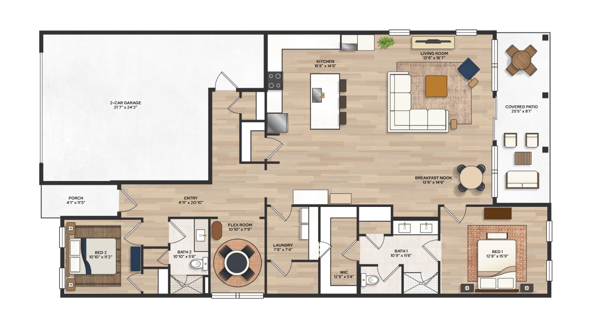 Labeled single-story floor plan with two bedrooms, two baths, kitchen, living room, garage, and covered patio