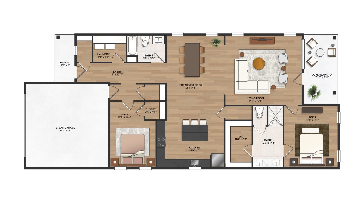 Floor plan of a two-bedroom, two-bath home with an open kitchen, dining, living area, two-car garage, porch, and covered patio