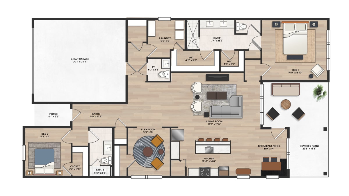 Single-story home floor plan with two bedrooms, flex room, open kitchen and living area, two-car garage, and covered patio