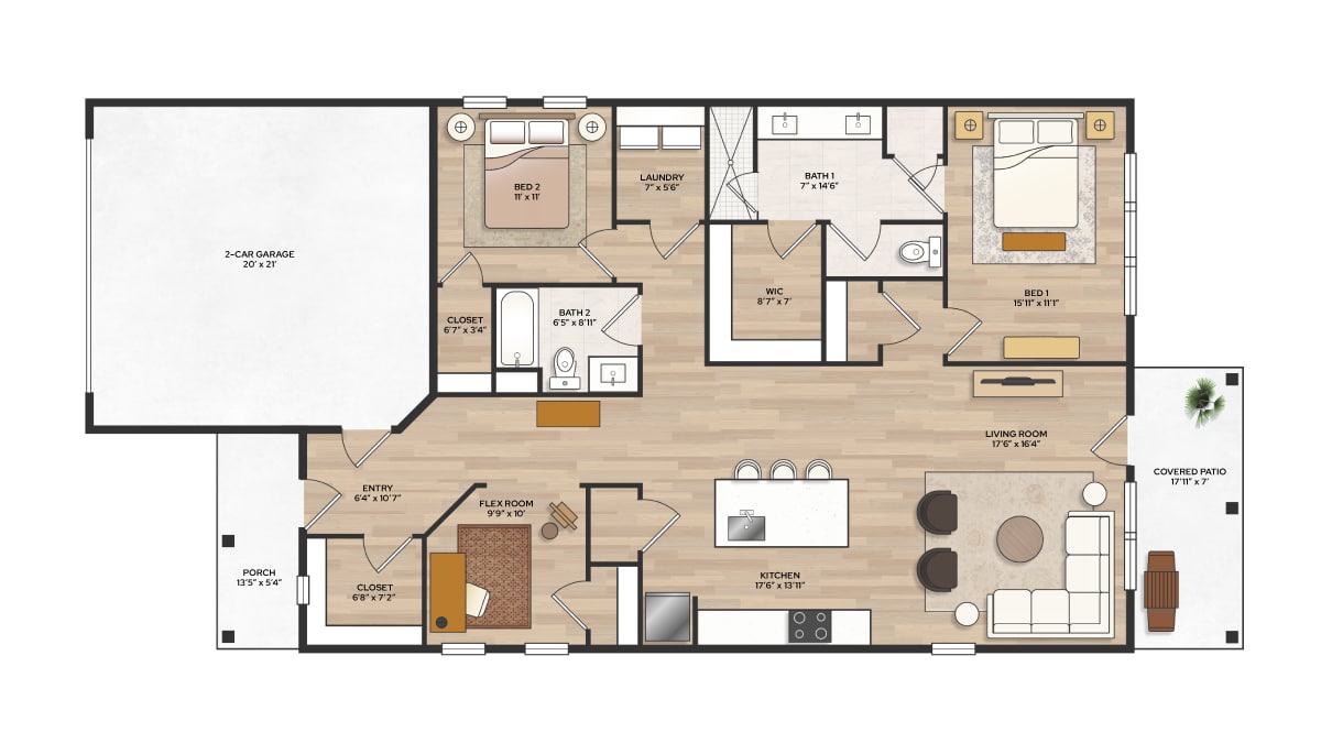 Floor plan of a two-bedroom home with two baths, flex room, kitchen, living room, two-car garage, porch, and covered patio