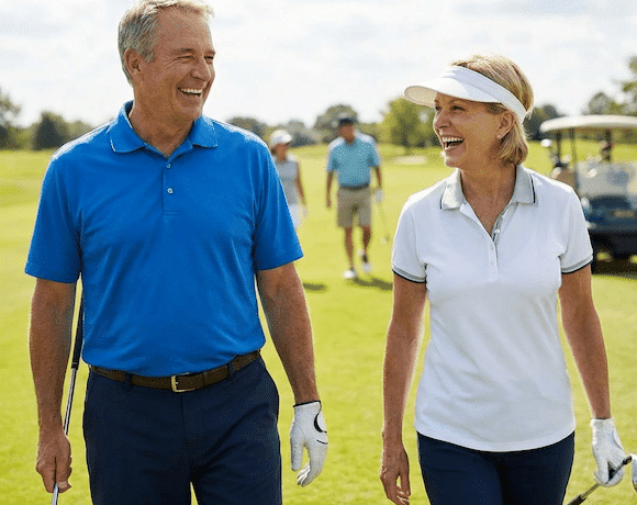 Man and woman walking on a golf course carrying clubs, smiling and talking with other golfers and a cart in the background