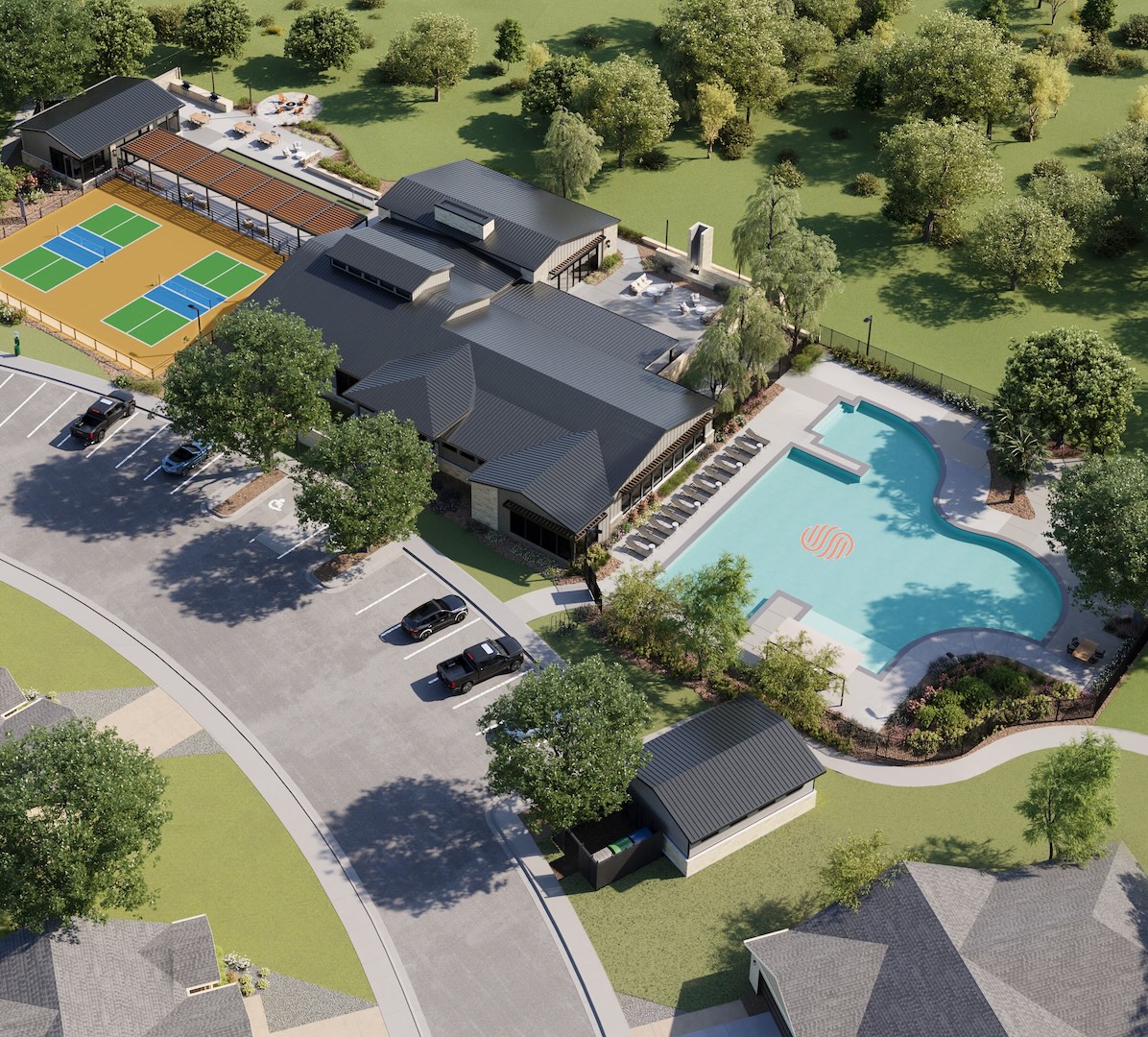 Aerial rendering of a residential recreation center with a swimming pool, tennis courts, clubhouse, parking, and landscaped grounds